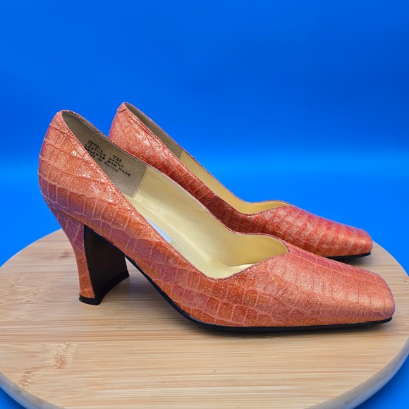 Bellini Leather Square Toe Heels Orange Croc Embossed Evening Party Shoes 7B EUC - Picture 1 of 9